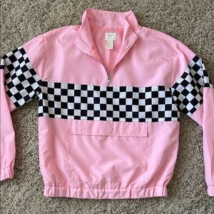 Forever 21 Girls Pink and Checkerboard Half-Zip Windbreaker Pullover Size 11/12